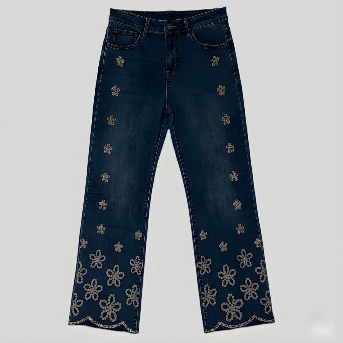 Jean con flores doradas bordadas, denim premium Ana Lince