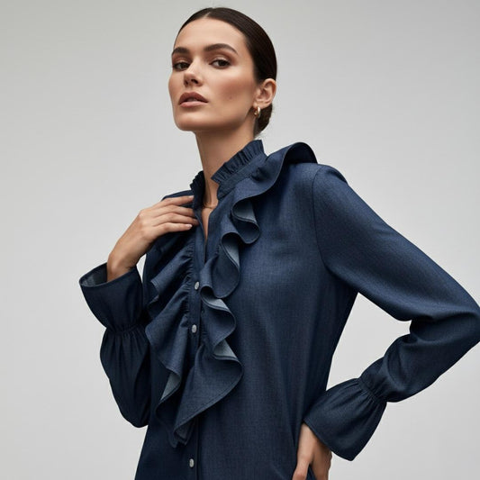 Blusa Denim Ruffle Navy | Ana Lince
