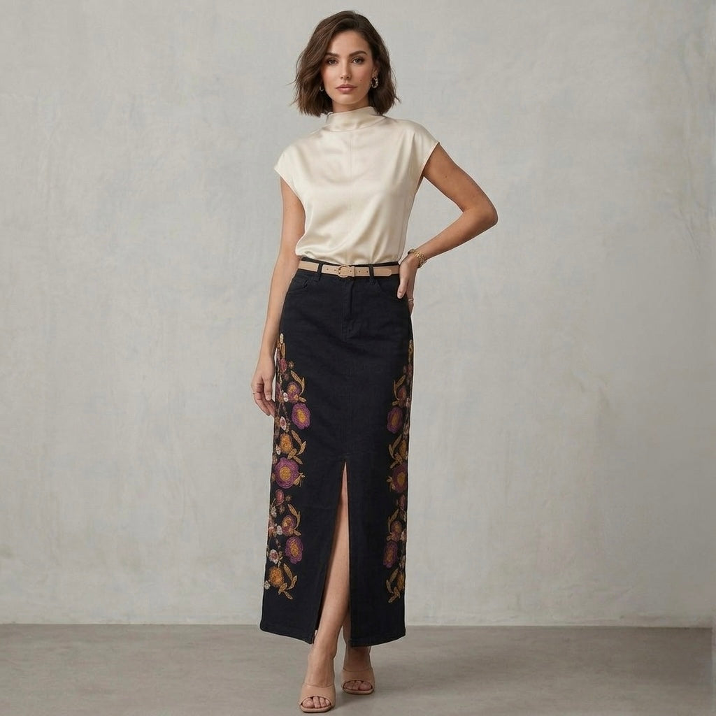Falda Jean Bordado Floral Verona | Ana Lince