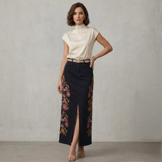 Falda Jean Bordado Floral Verona | Ana Lince