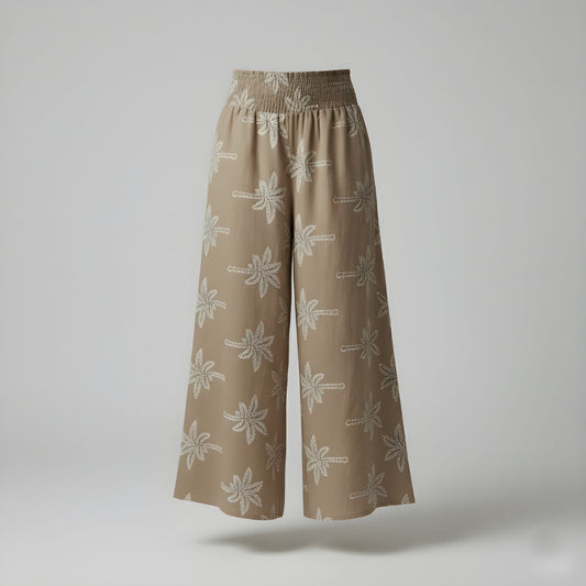 Falda Pantalón Beige Bordado Palmeras . Ana Lince