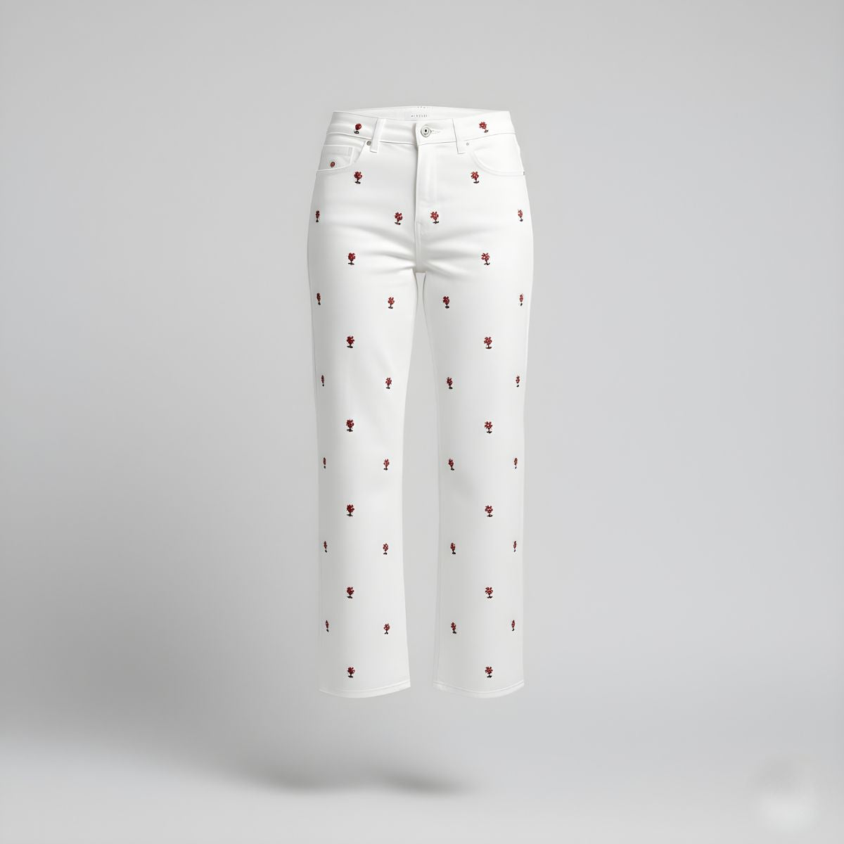 Pantalón Dril Blanco Bordado Flores Rojas - Ana Lince