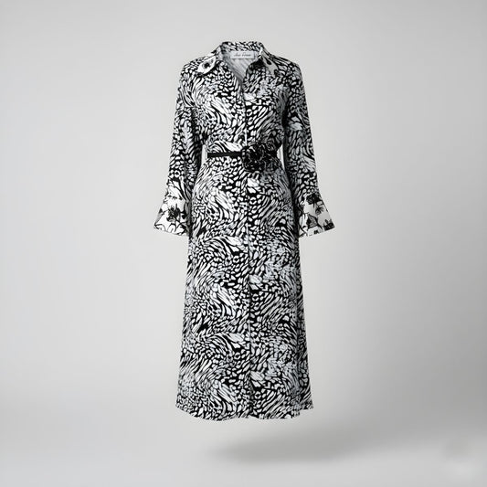 Vestido de seda con animal print negro estampado y cinturón - Ana Lince