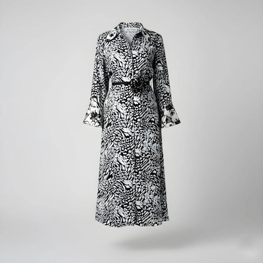 Vestido de seda con animal print negro estampado y cinturón - Ana Lince