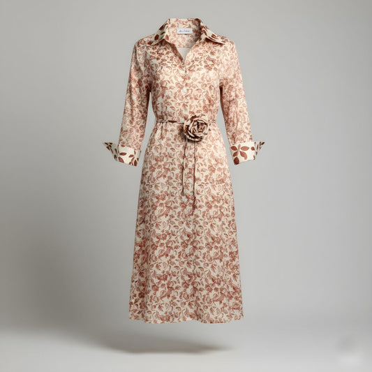 Vestido de seda beige con estampado floral y cinturón - Ana Lince