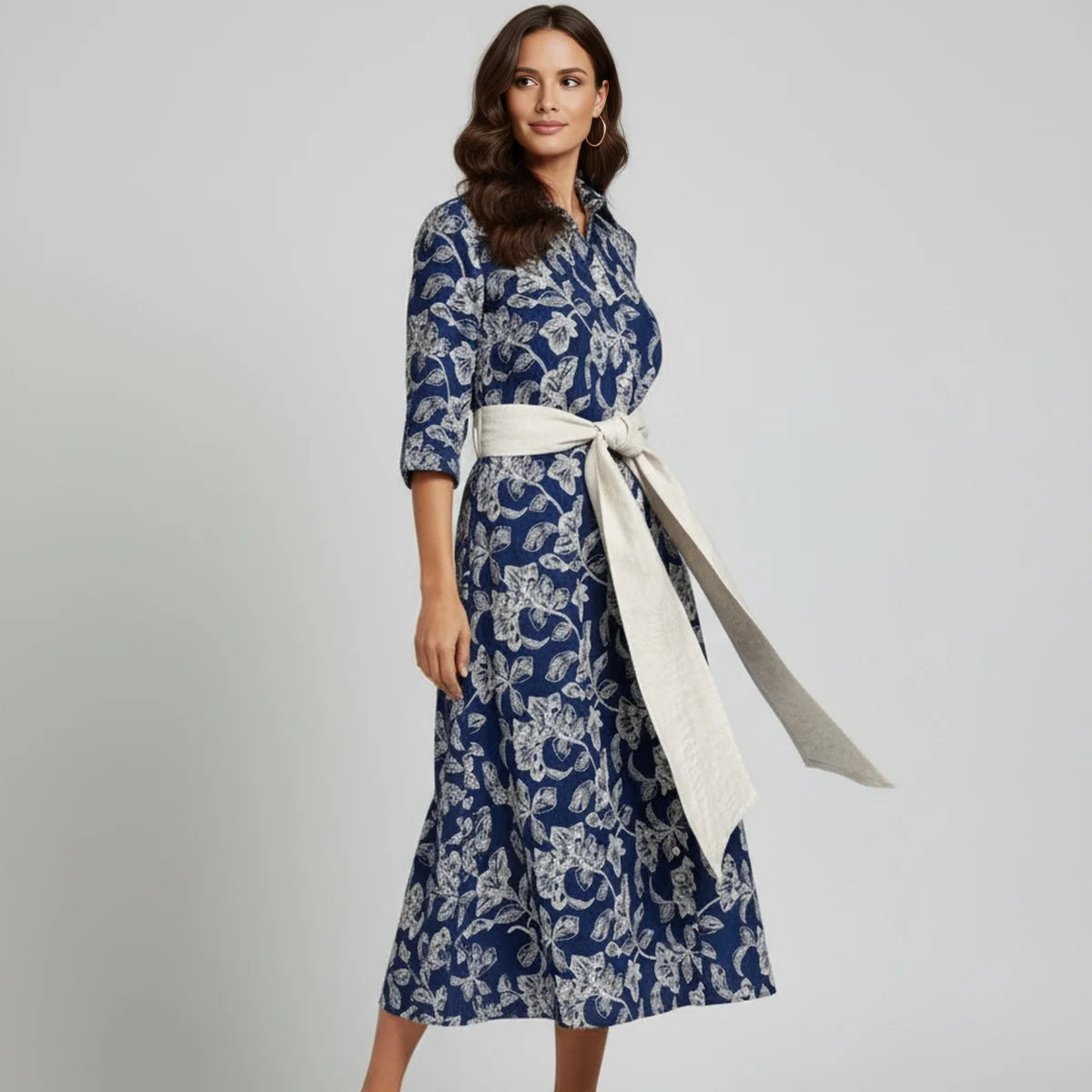 Vestido Camisero Floral Azul Marino con Cinturón - Elegante y Sofisticado | Ana Lince