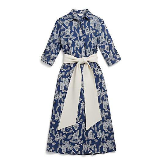 Vestido Camisero Floral Azul Marino con Cinturón - Elegante y Sofisticado | Ana Lince