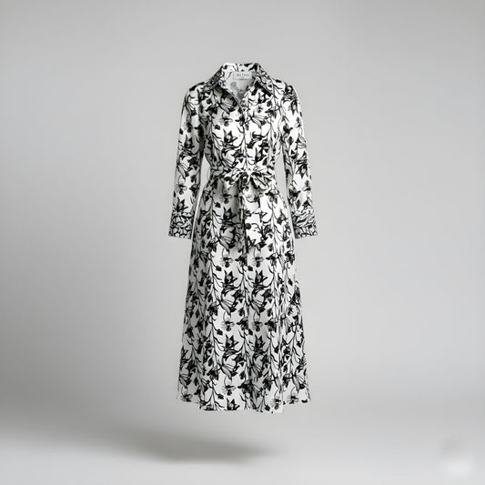 Vestido de seda con estampado de flores negras y cinturón - Ana Lince