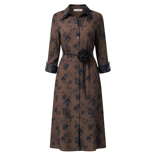 Vestido Seda Beige Flores Azules | Ana Lince