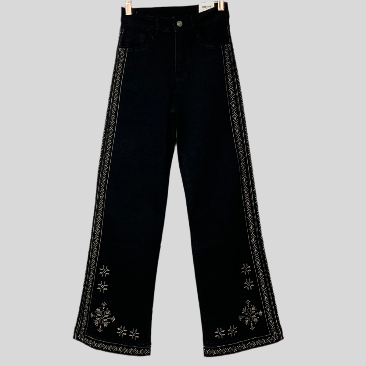 R- Pantalón Jean Negro Franja Plateada