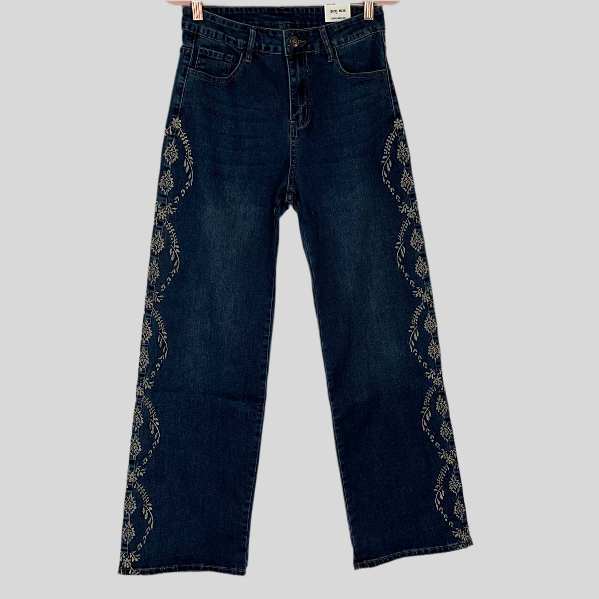 R- BlueJean Bordado Franja de Flores Gris