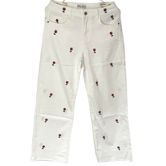 Pantalón Dril Blanco Bordado Flores Rojas