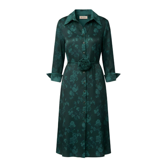 Vestido de seda verde oliva oscuro brillante con estampado floral y cinturón - Ana Lince