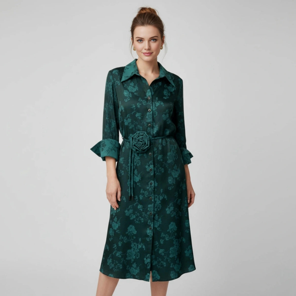 Vestido de seda verde oliva oscuro brillante con estampado floral y cinturón - Ana Lince