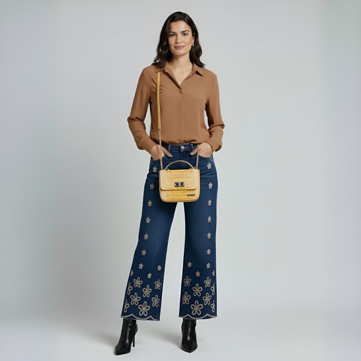 Jean con flores doradas bordadas, denim premium Ana Lince