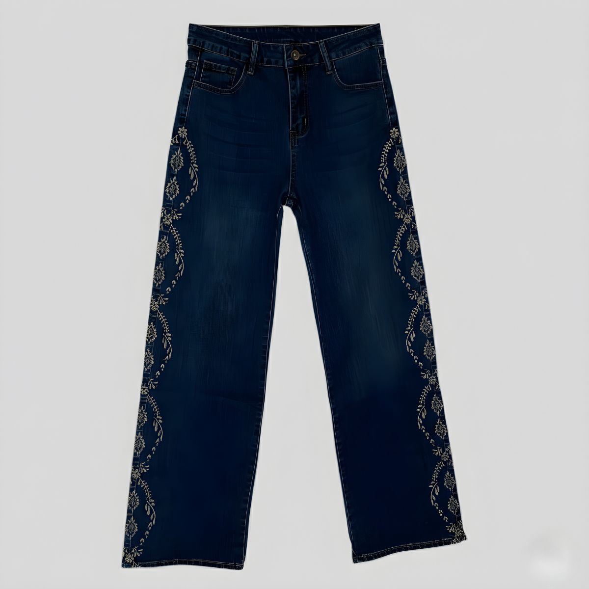 BlueJean Bordado Franja de Flores Gris - Denim Exclusivo | Ana Lince