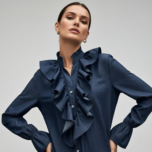 Blusa Denim Ruffle Navy | Ana Lince