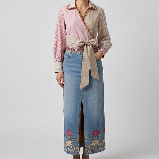 Falda Jean Bordado Floral Sorrento | Ana Lince