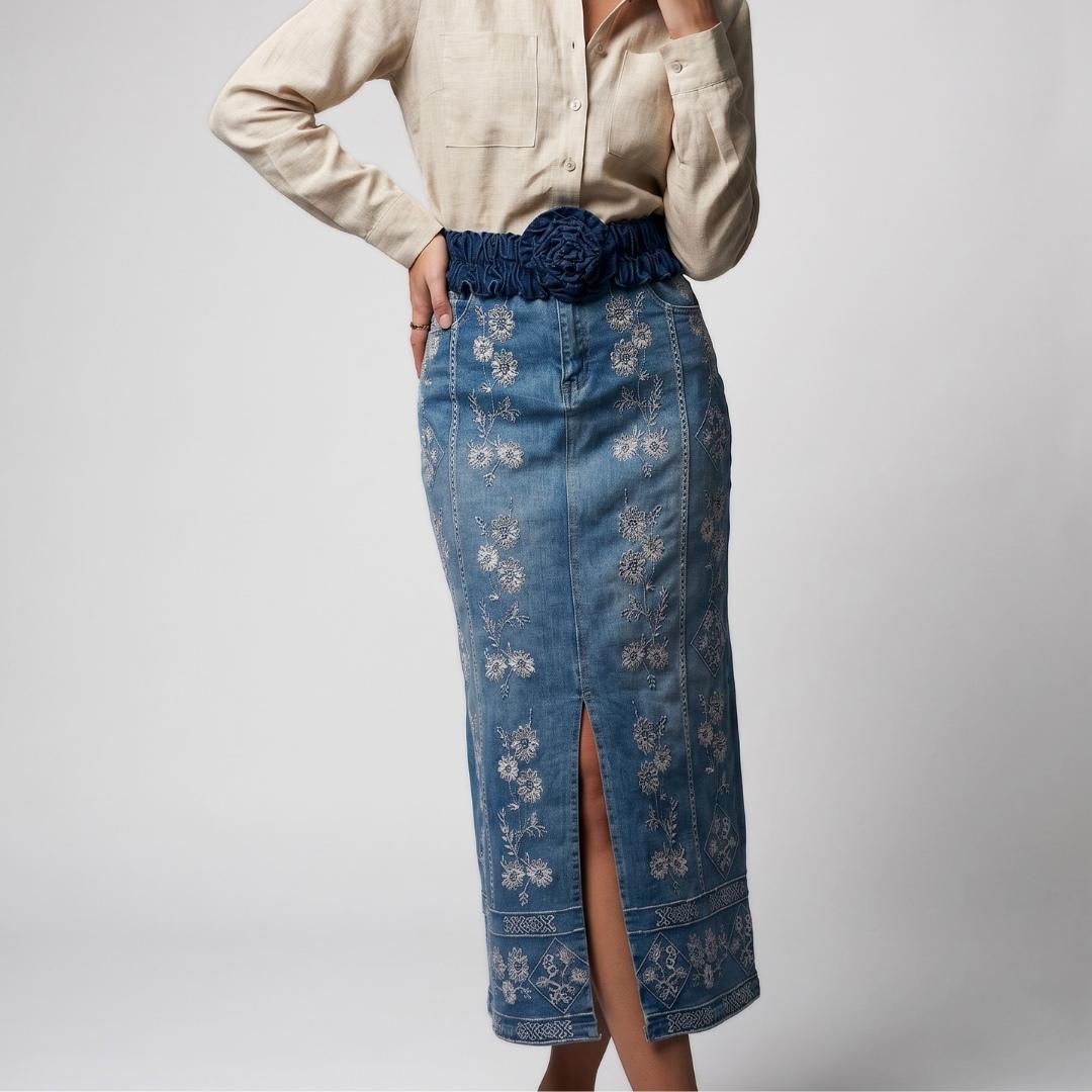 Falda Jean Flora Dorada | Ana Lince