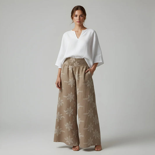 Falda Pantalón Beige Bordado Palmeras. Ana Lince