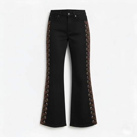 Jean negro con bordado café lateral, denim premium Ana Lince