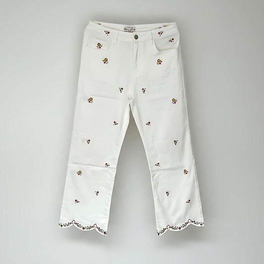 Pantalón Dril Blanco Bordado Flores | Ana Lince