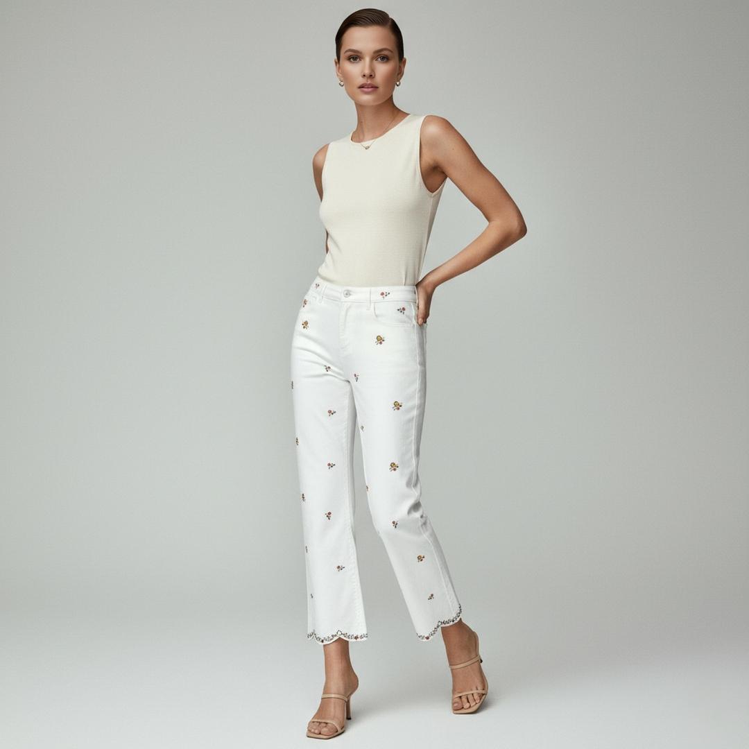 Pantalón Dril Blanco Bordado Flores | Ana Lince