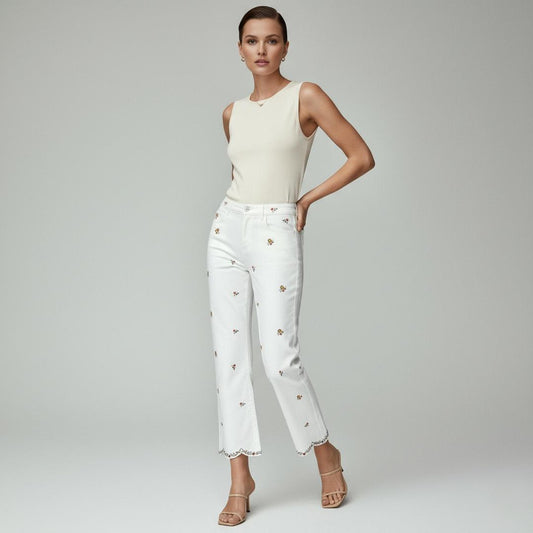 Pantalón Dril Blanco Bordado Flores | Ana Lince