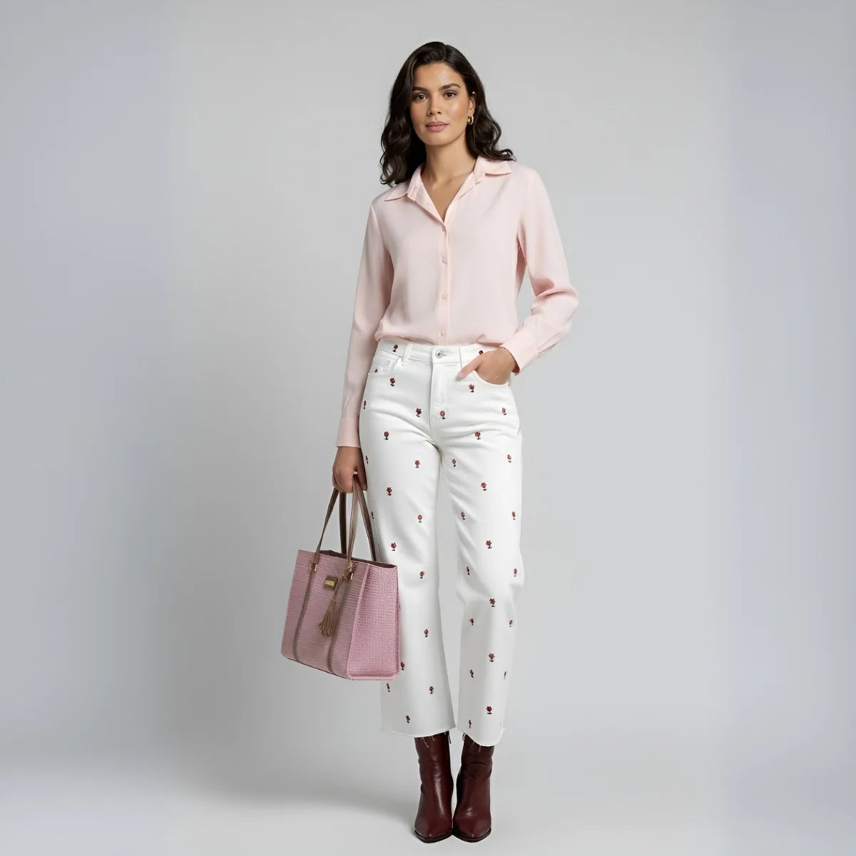 Pantalón Dril Blanco Bordado Flores Rojas - Ana Lince