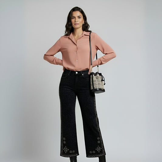 Pantalón Jean Negro Franja Plateada - Denim Elegante | Ana Lince