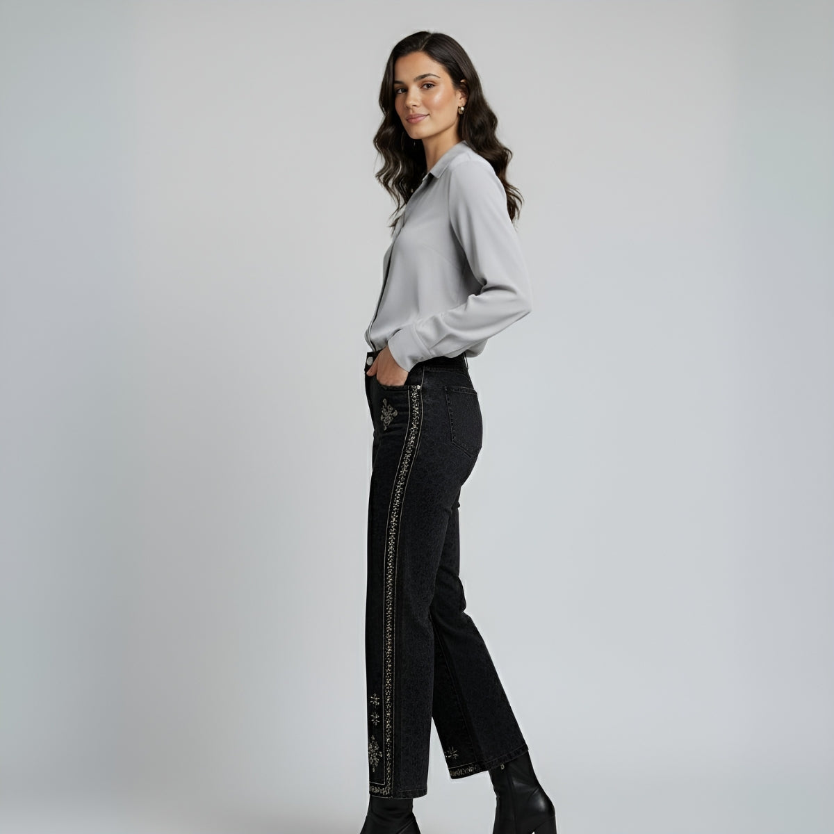 Pantalón Jean Negro Franja Plateada - Denim Elegante | Ana Lince