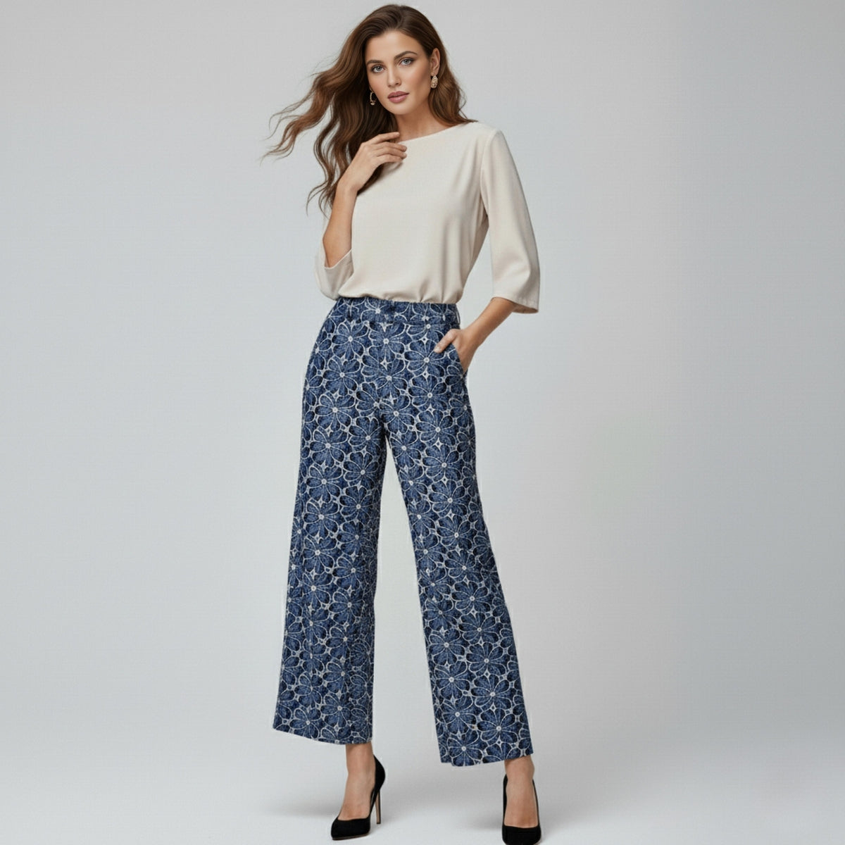 Pantalon Floral Azul Marino | Ana Lince