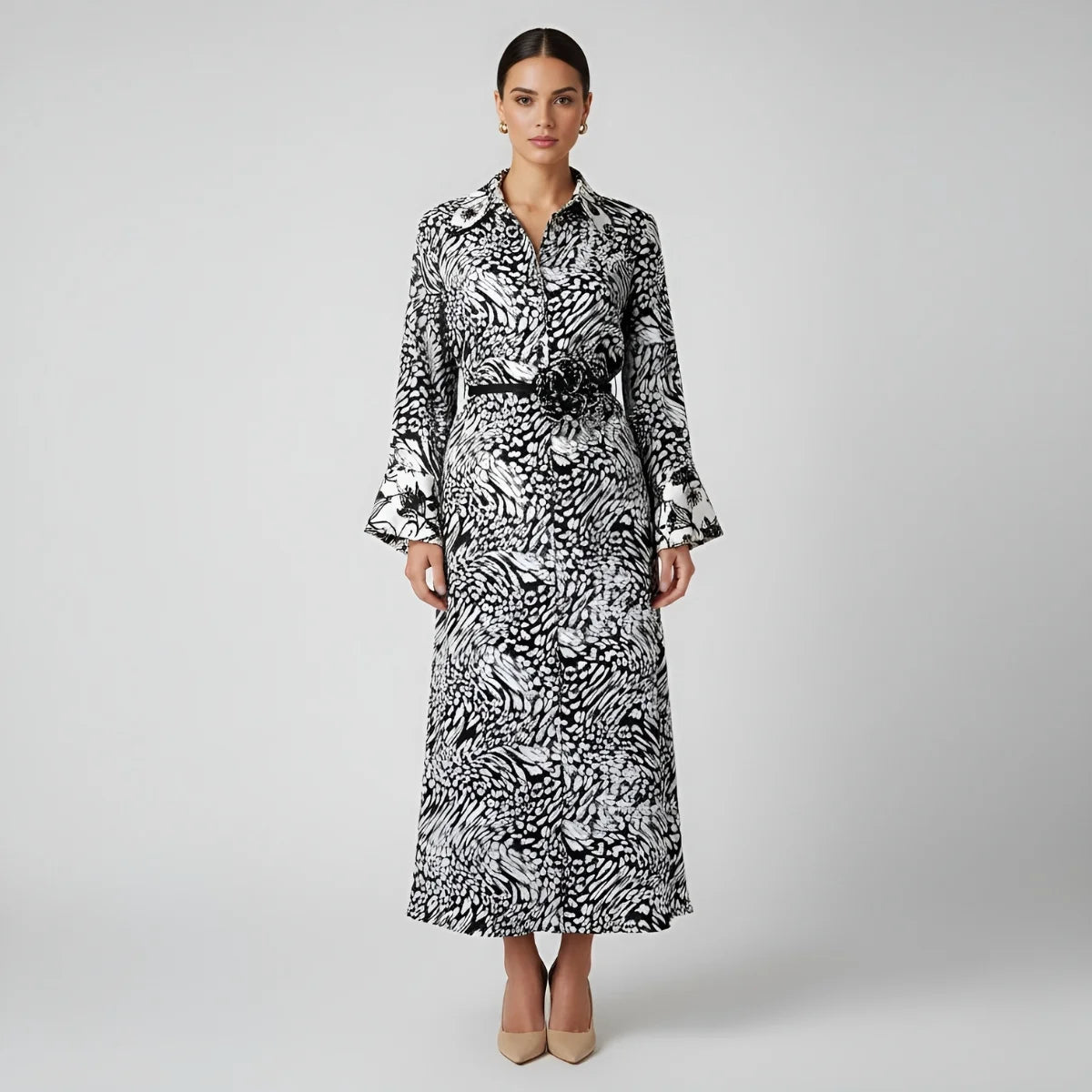 Vestido de seda con animal print negro estampado y cinturón - Ana Lince