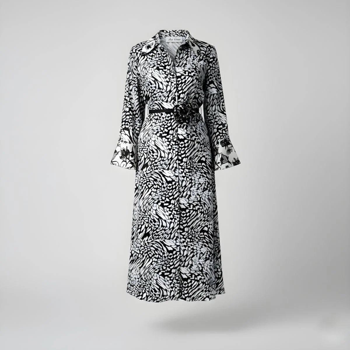 Vestido de seda con animal print negro estampado y cinturón - Ana Lince