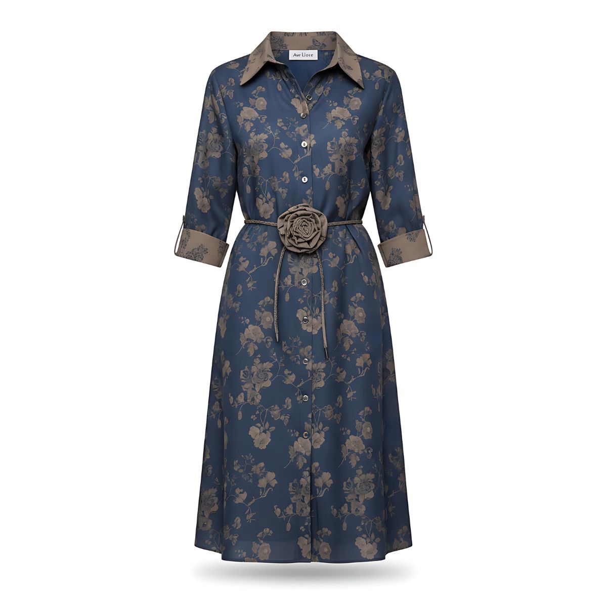 Vestido Azul Brillante Flores Beige | Ana Lince