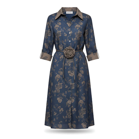 Vestido Azul Brillante Flores Beige | Ana Lince