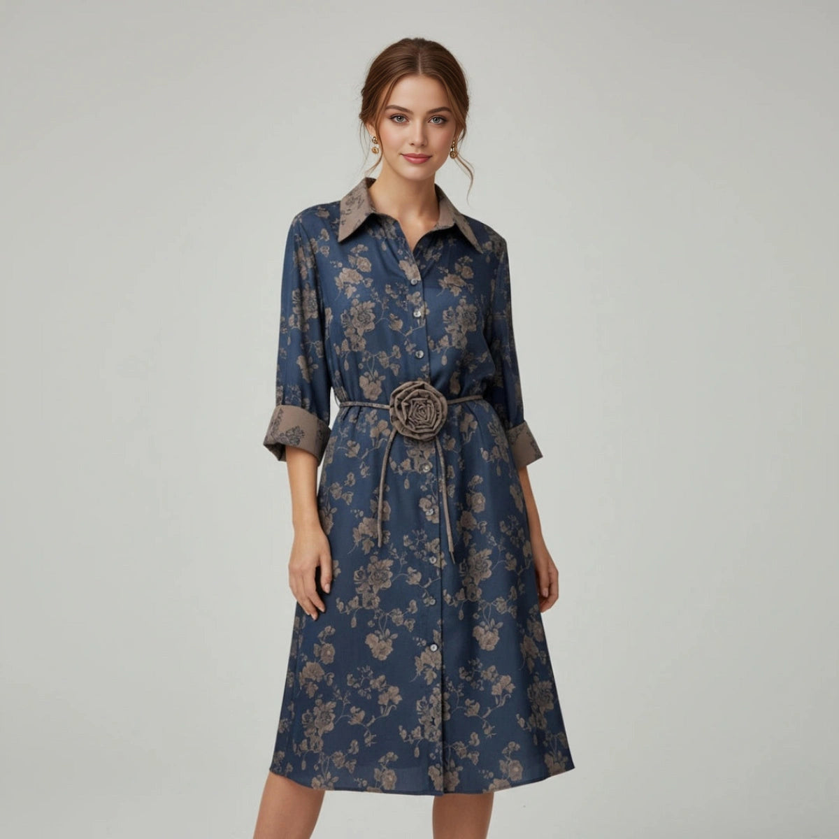 Vestido Azul Brillante Flores Beige | Ana Lince