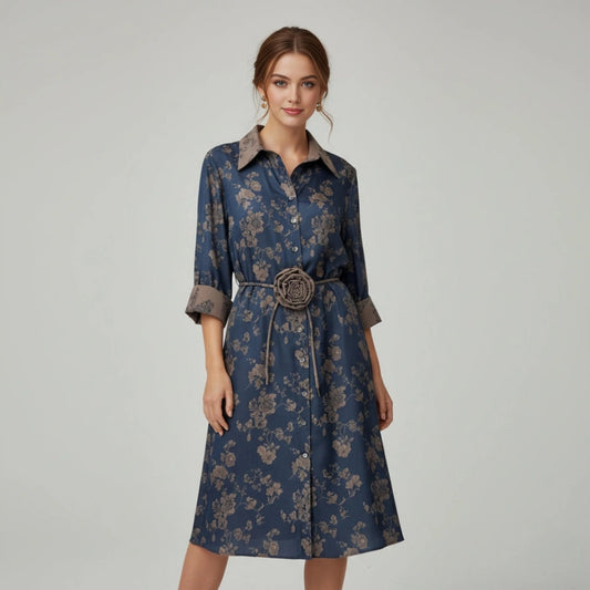 Vestido Azul Brillante Flores Beige | Ana Lince