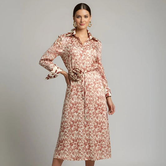 Vestido de seda beige con estampado floral y cinturón - Ana Lince