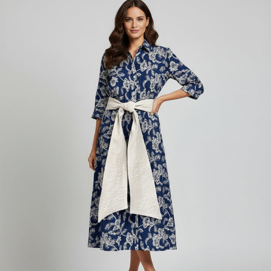 Vestido Camisero Floral Azul Marino con Cinturón - Elegante y Sofisticado | Ana Lince