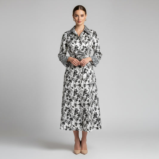 Vestido de seda con estampado de flores negras y cinturón - Ana Lince