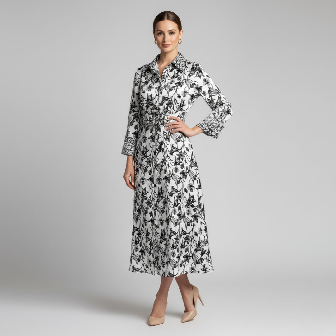 Vestido elegante de seda con flores negras estampadas - detalle del diseño Ana Lince