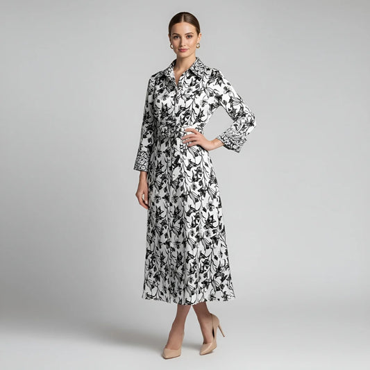 Vestido de seda con estampado de flores negras y cinturón - Ana Lince