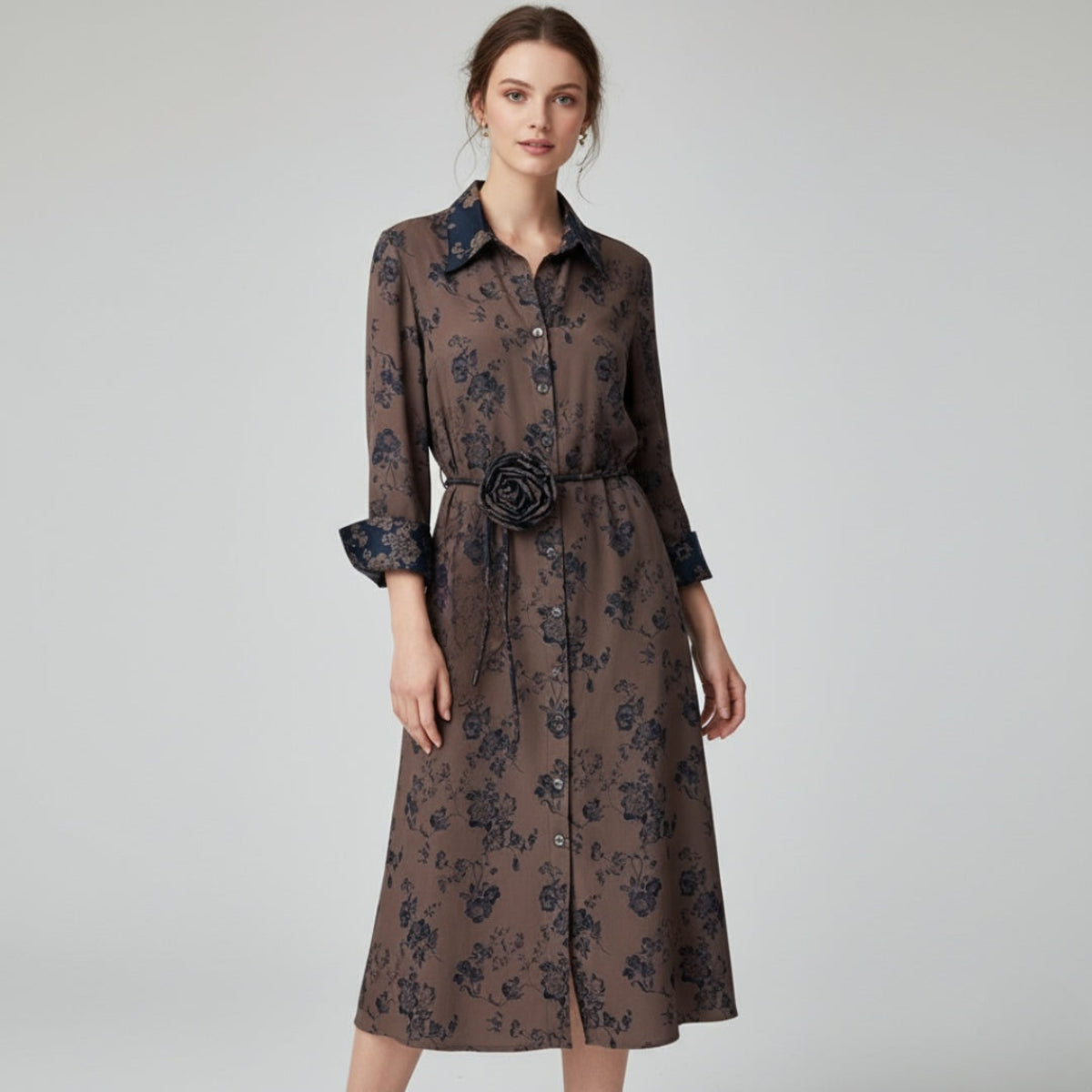 Vestido Seda Beige Flores Azules