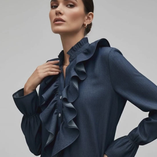 Camisa Denim Ruffle Navy | Ana Lince