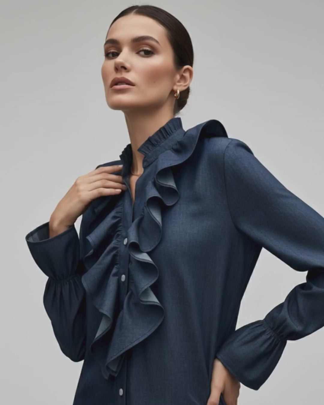 Camisa Denim Ruffle Navy | Ana Lince